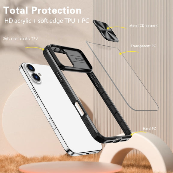 For iPhone 16 Sliding Camshield Acrylic Hybrid TPU Phone Case(Black)