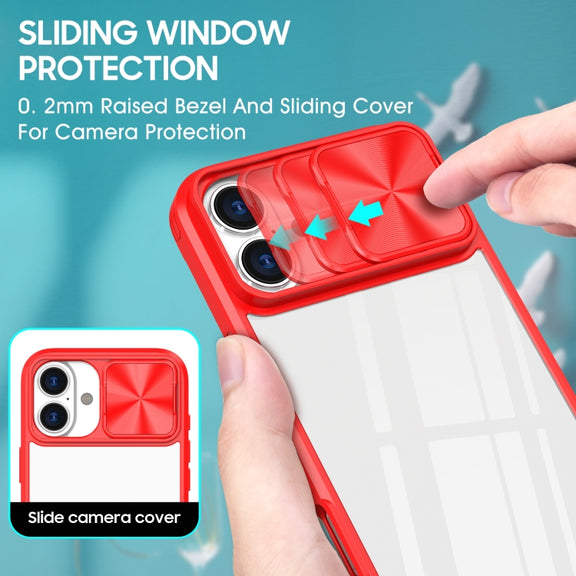 For iPhone 16 Sliding Camshield Acrylic Hybrid TPU Phone Case(Red)