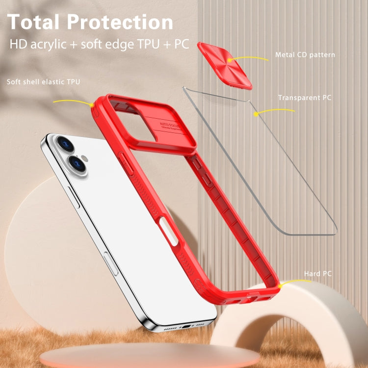 For iPhone 16 Sliding Camshield Acrylic Hybrid TPU Phone Case(Red)