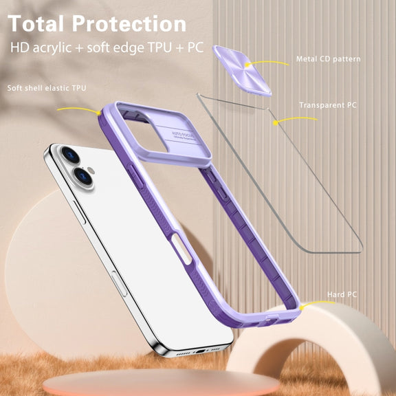For iPhone 16 Plus Sliding Camshield Acrylic Hybrid TPU Phone Case(Purple)