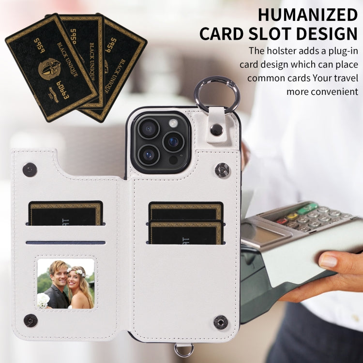 For iPhone 16 Pro Max Rhombic Texture Card Bag Phone Case with Short Lanyard(White)