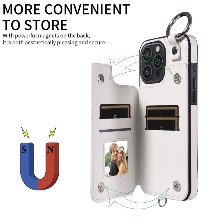 For iPhone 16 Pro Max Rhombic Texture Card Bag Phone Case with Short Lanyard(White)