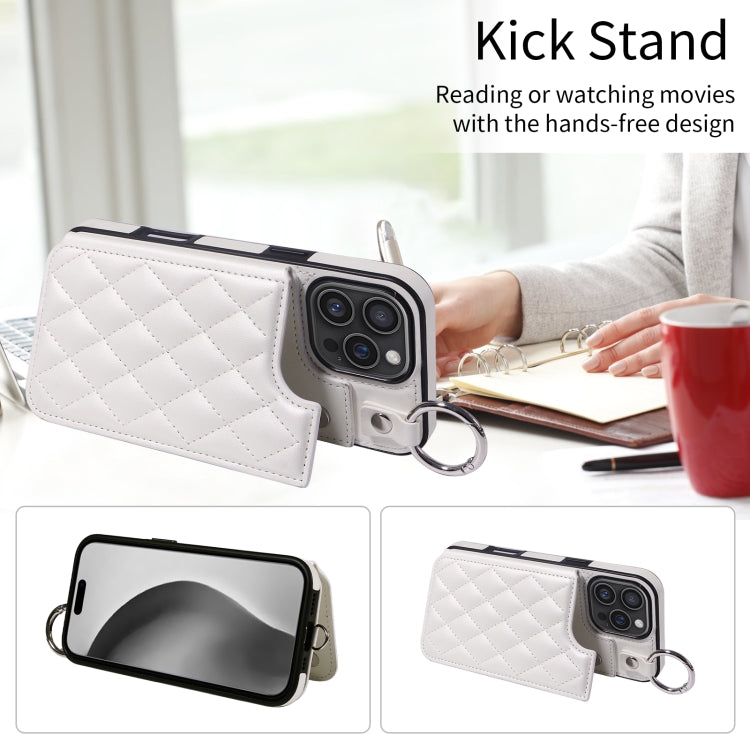 For iPhone 16 Pro Max Rhombic Texture Card Bag Phone Case with Short Lanyard(White)
