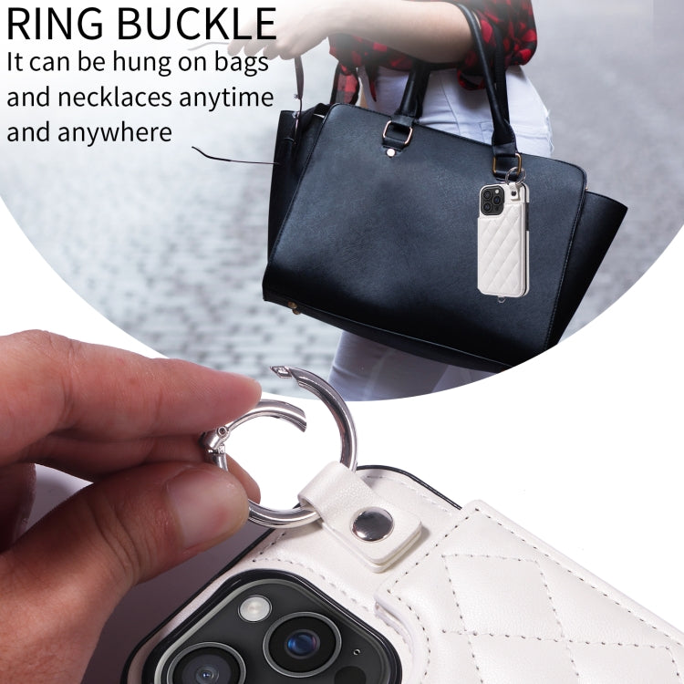 For iPhone 16 Pro Max Rhombic Texture Card Bag Phone Case with Short Lanyard(White)
