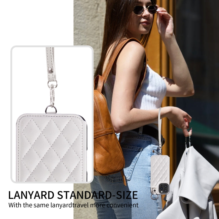 For iPhone 16 Pro Max Rhombic Texture Card Bag Phone Case with Short Lanyard(White)