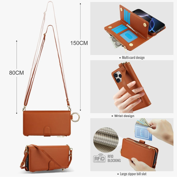 For iPhone 16 Pro Max Crossbody Ring Multifunctional Wallet Leather Phone Case(Brown)
