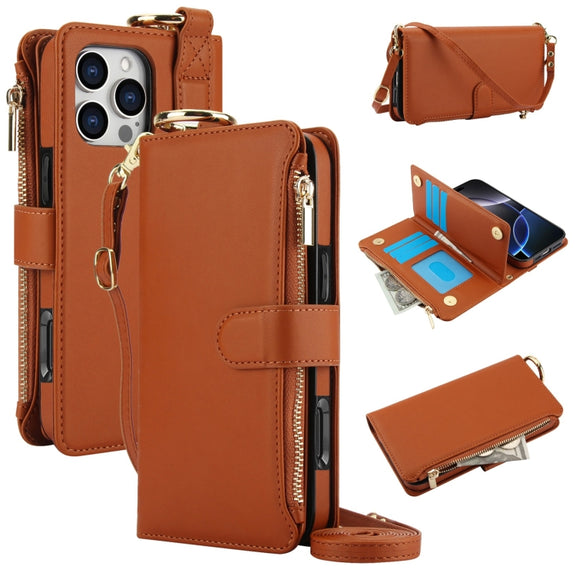For iPhone 16 Pro Max Crossbody Ring Multifunctional Wallet Leather Phone Case(Brown)