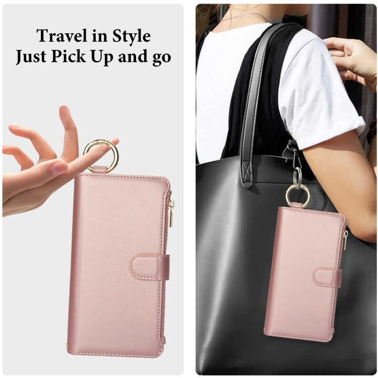 For iPhone 16 Pro Crossbody Ring Multifunctional Wallet Leather Phone Case(Rose Gold)