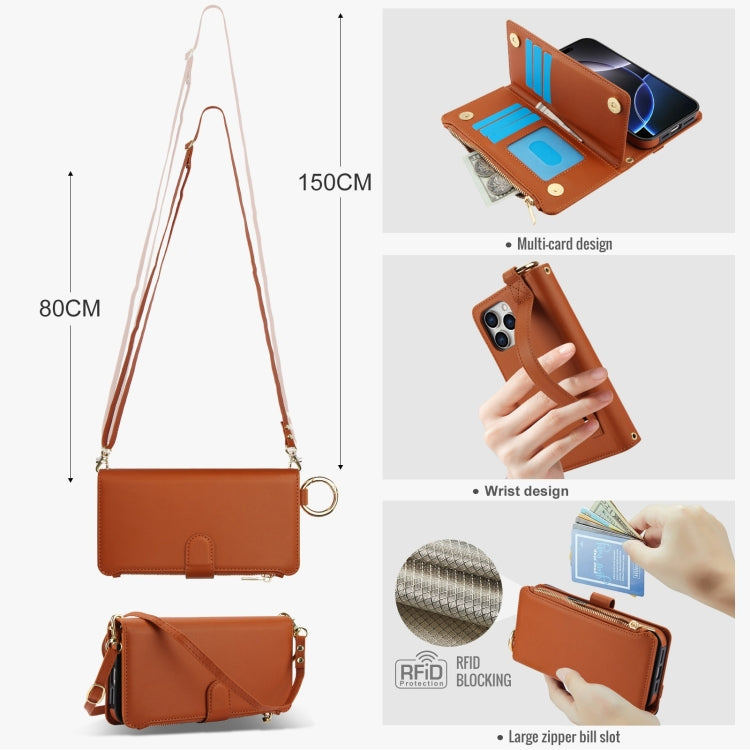 For iPhone 16 Pro Crossbody Ring Multifunctional Wallet Leather Phone Case(Brown)
