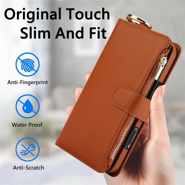 For iPhone 16 Pro Crossbody Ring Multifunctional Wallet Leather Phone Case(Brown)