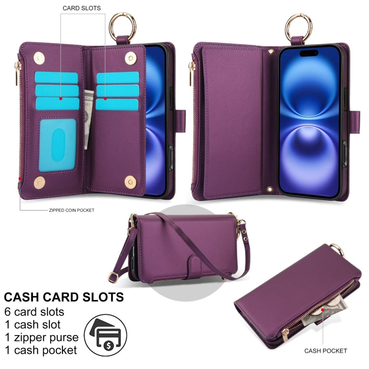 For iPhone 16 Plus Crossbody Ring Multifunctional Wallet Leather Phone Case(Dark Purple)
