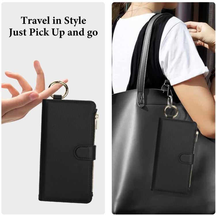 For iPhone 16 Crossbody Ring Multifunctional Wallet Leather Phone Case(Black)