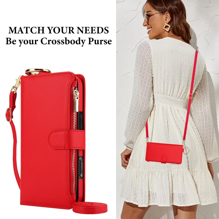For iPhone 16 Crossbody Ring Multifunctional Wallet Leather Phone Case(Red)