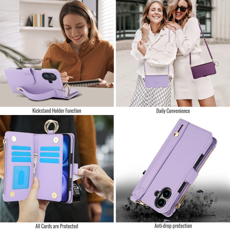 For iPhone 16 Crossbody Ring Multifunctional Wallet Leather Phone Case(Purple)