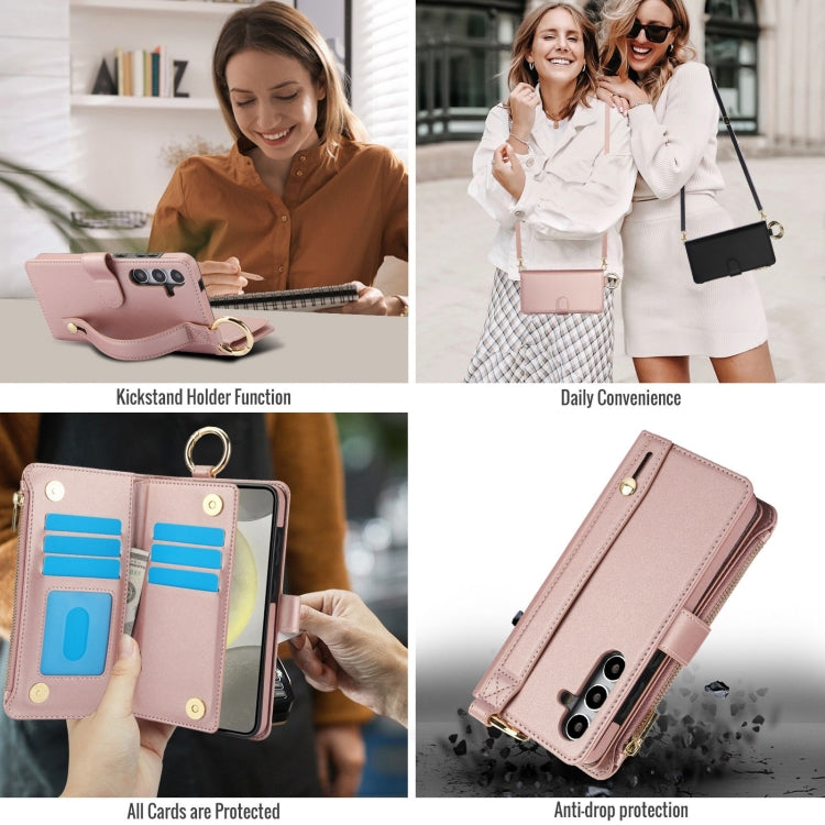 For Samsung Galaxy S24 5G Crossbody Ring Multifunctional Wallet Leather Phone Case(Rose Gold)