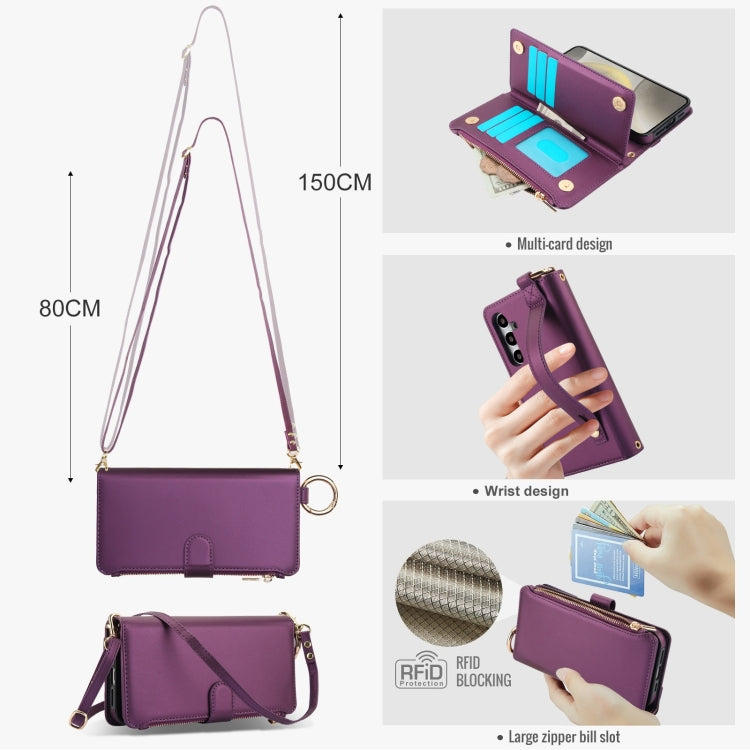 For Samsung Galaxy S24 5G Crossbody Ring Multifunctional Wallet Leather Phone Case(Dark Purple)