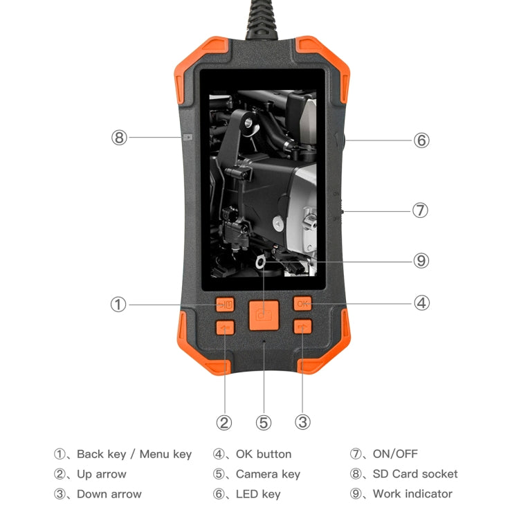 T20 4.3 inch IPS Screen 7.9mm Triple Camera IP67 Water-resistant Hard Cable Digital Endoscope, Length:10m(Black Orange)