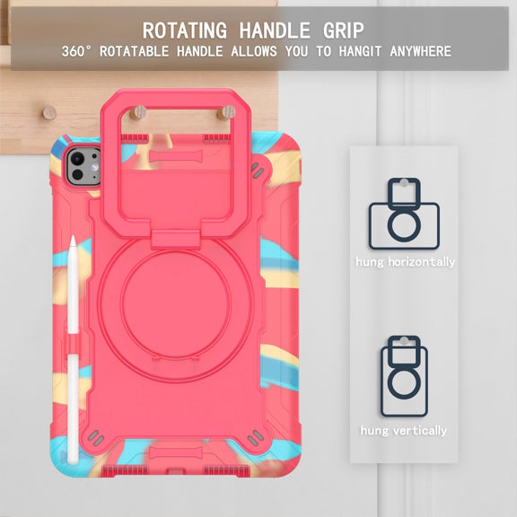For iPad Pro 11 2024 Handle Grip Holder Silicone Hybrid PC Tablet Case with Strap(Camouflage Rose Red)