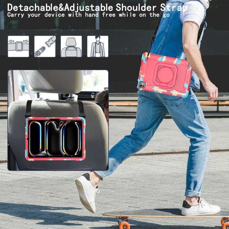 For iPad Pro 11 2024 Handle Grip Holder Silicone Hybrid PC Tablet Case with Strap(Camouflage Rose Red)