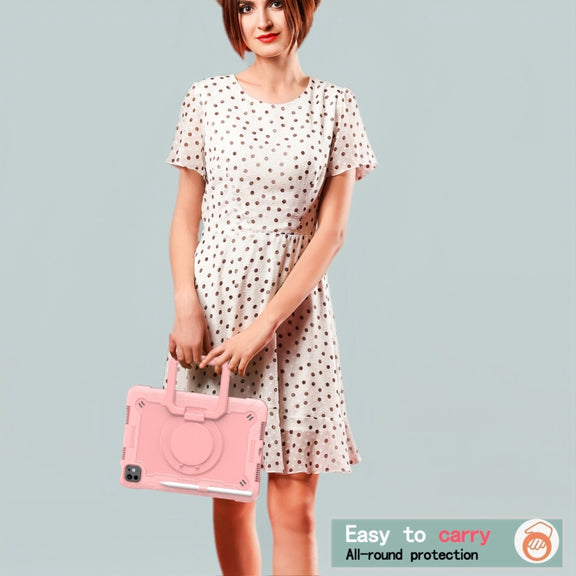 For iPad Pro 11 2024 Handle Grip Holder Silicone Hybrid PC Tablet Case with Strap(Rose Gold)