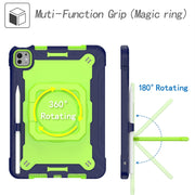For iPad Pro 11 2024 Handle Grip Holder Silicone Hybrid PC Tablet Case with Strap(Navy Yellow Green)