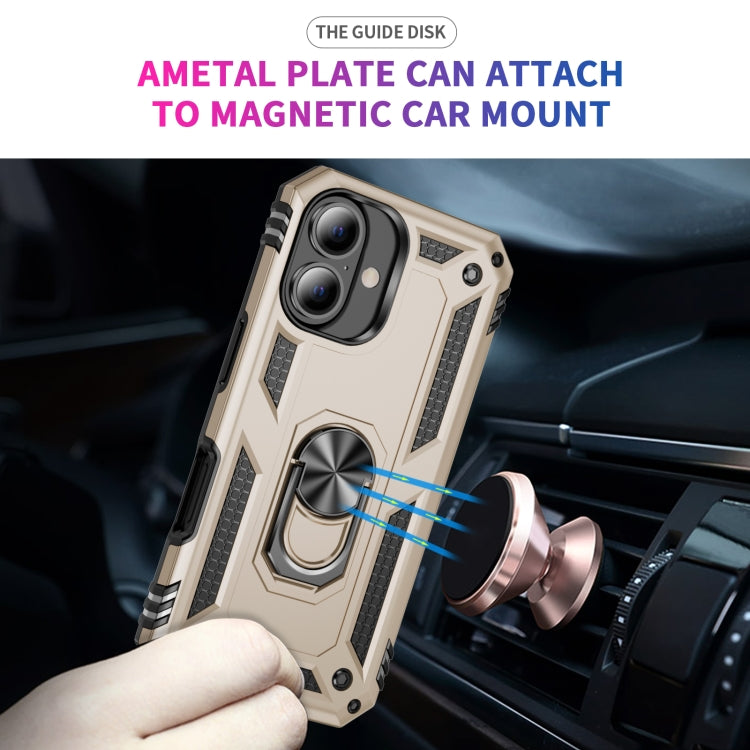 For iPhone 16 Shockproof TPU Hybrid PC Phone Case with Holder(Gold)