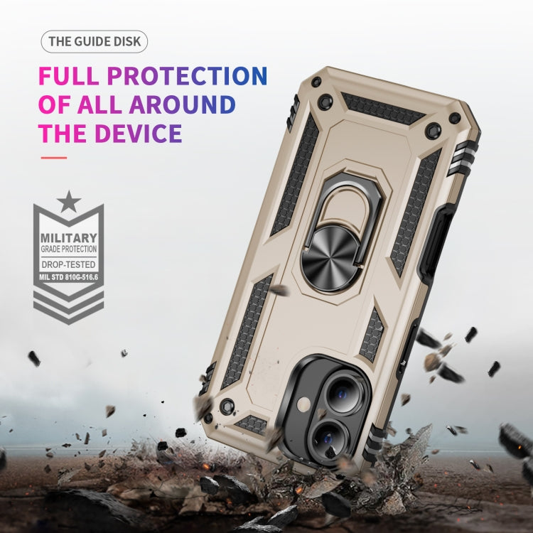 For iPhone 16 Plus Shockproof TPU Hybrid PC Phone Case with Holder(Gold)