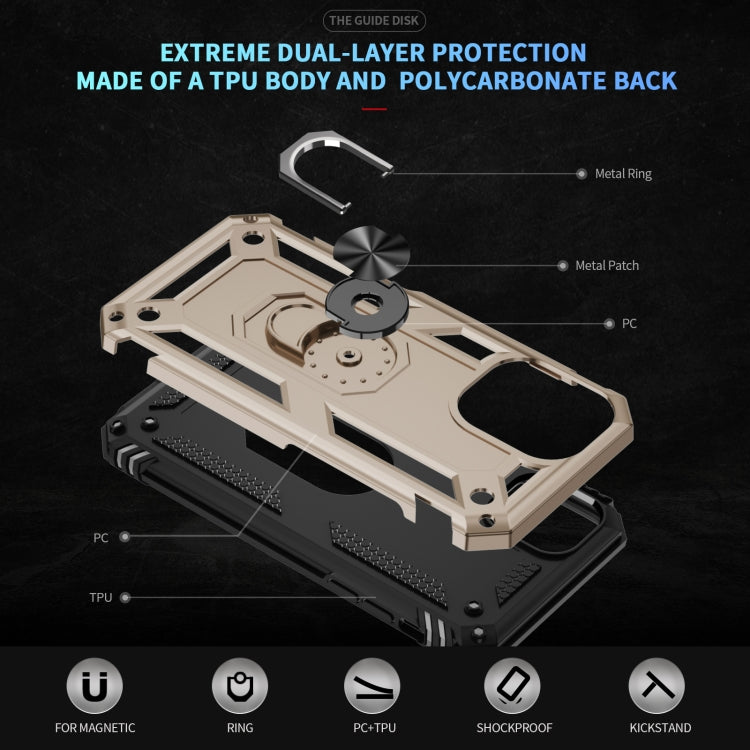 For iPhone 16 Plus Shockproof TPU Hybrid PC Phone Case with Holder(Gold)
