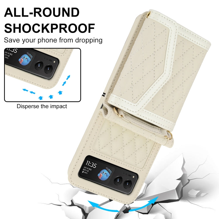 For Motorola Razr 40 Splicing Rhombic Texture Phone Case with Long & Short Lanyard(Beige)