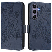 For Samsung Galaxy S25 5G Embossed Rose RFID Anti-theft Leather Phone Case(Dark Blue)