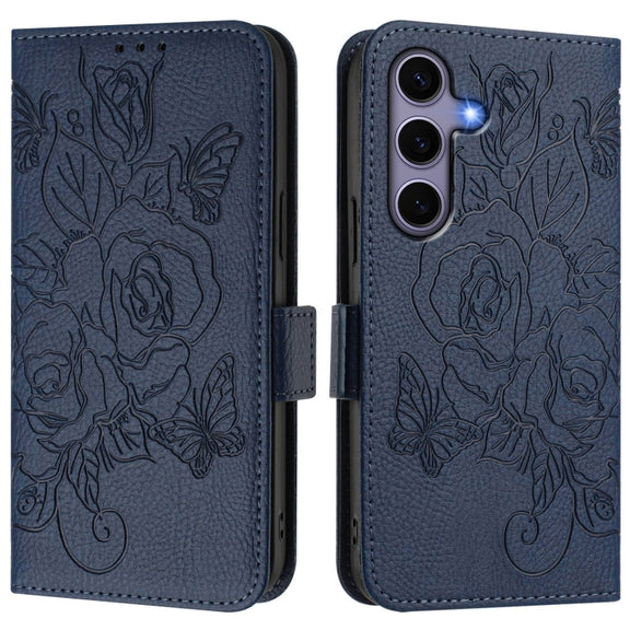 For Samsung Galaxy S25 5G Embossed Rose RFID Anti-theft Leather Phone Case(Dark Blue)