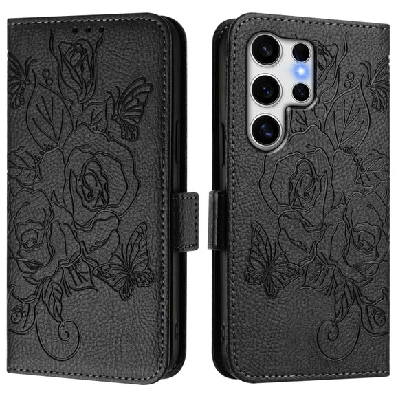 For Samsung Galaxy S25 Ultra 5G Embossed Rose RFID Anti-theft Leather Phone Case(Black)