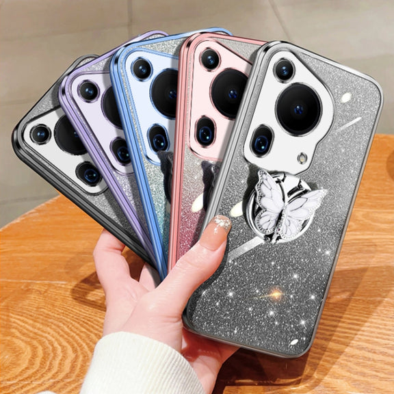 For Huawei Pura 70 Ultra Plated Gradient Glitter Butterfly Holder TPU Phone Case(Sierra Blue)