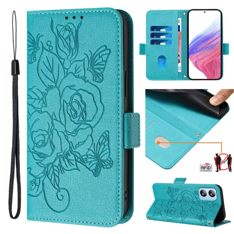 For Blackview A52 Embossed Rose RFID Anti-theft Leather Phone Case(Light Blue)