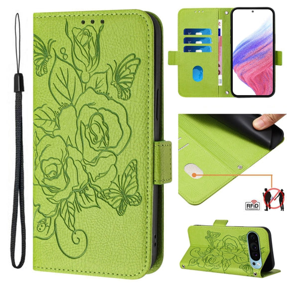 For Google Pixel 9 / 9 Pro Embossed Rose RFID Anti-theft Leather Phone Case(Green)
