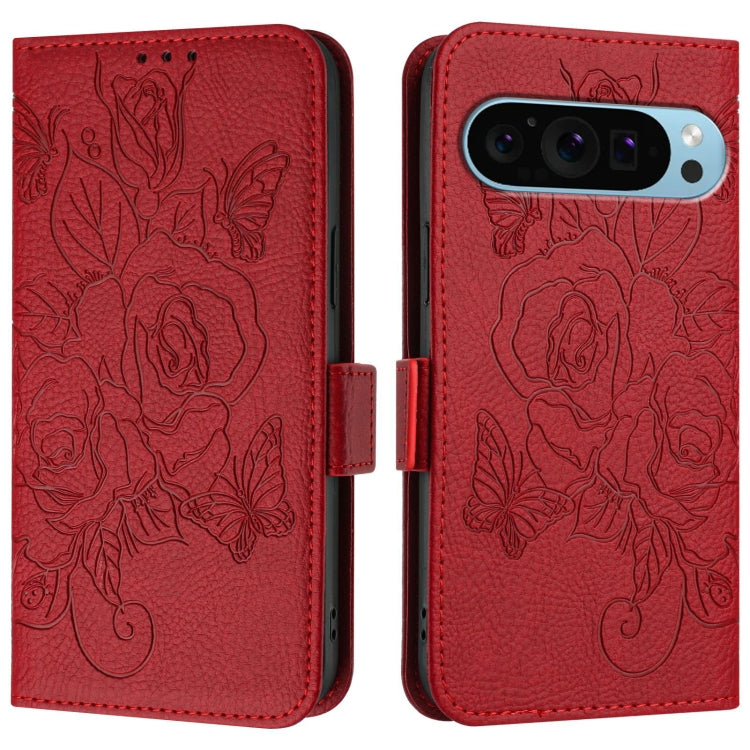 For Google Pixel 9 / 9 Pro Embossed Rose RFID Anti-theft Leather Phone Case(Red)