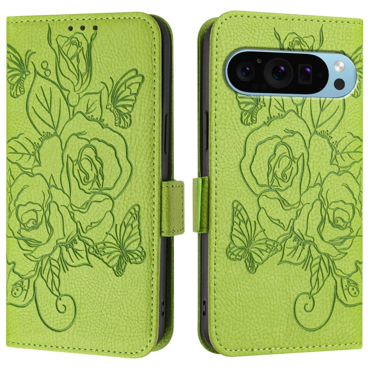 For Google Pixel 9 Pro XL Embossed Rose RFID Anti-theft Leather Phone Case(Green)