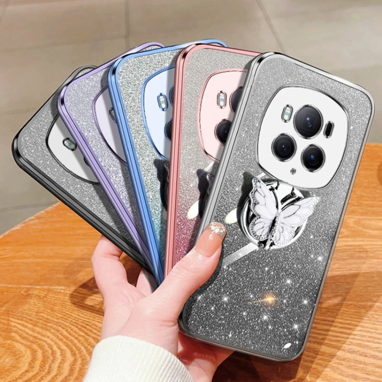 For Honor Magic6 Pro Plated Gradient Glitter Butterfly Holder TPU Phone Case(Silver)