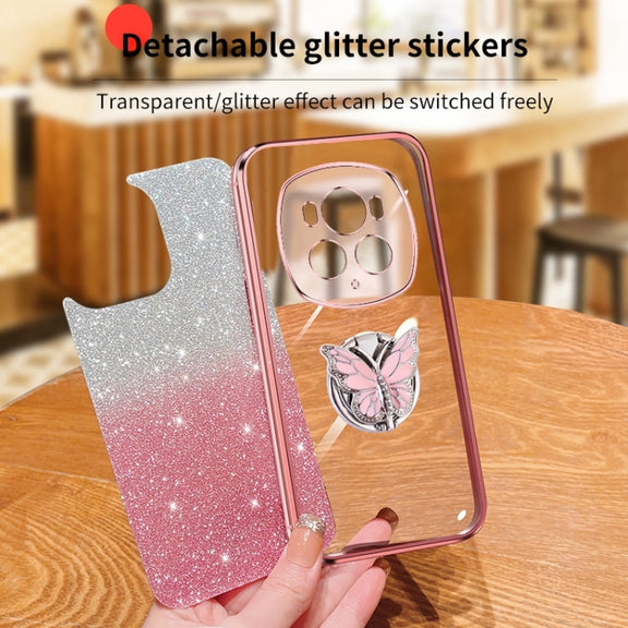 For Honor Magic6 Pro Plated Gradient Glitter Butterfly Holder TPU Phone Case(Silver)