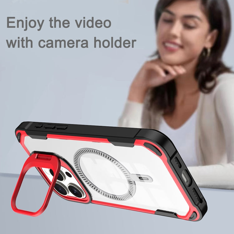 For iPhone 16 Plus Transparent Acrylic MagSafe Lens Holder Phone Case(Red)