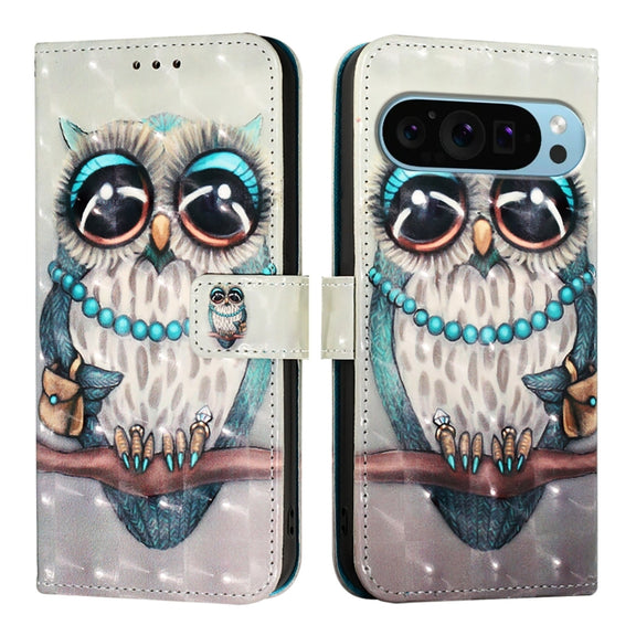 For Google Pixel 9 3D Painting Horizontal Flip Leather Phone Case(Grey Owl)