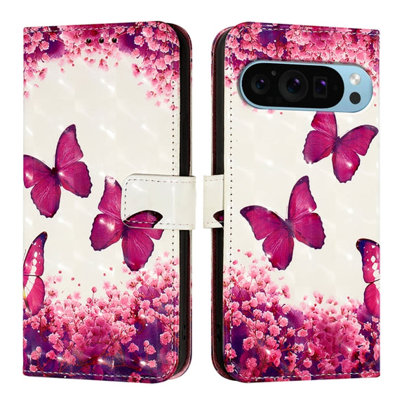 For Google Pixel 9 Pro XL 3D Painting Horizontal Flip Leather Phone Case(Rose Butterfly)