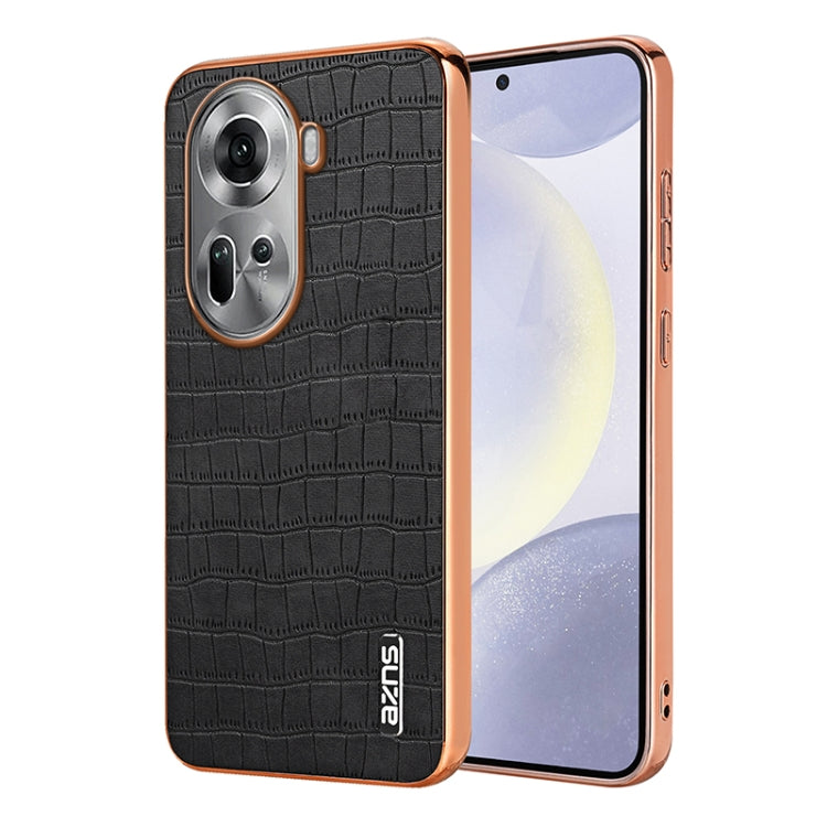 For OPPO Reno11 Global AZNS Electroplated Frame Crocodile Texture Full Coverage Phone Case(Black)