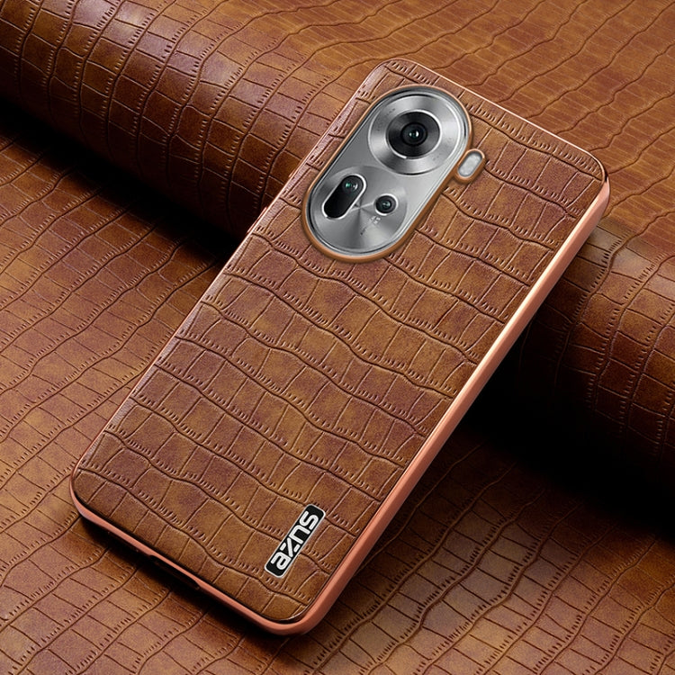 For OPPO Reno11 Global AZNS Electroplated Frame Crocodile Texture Full Coverage Phone Case(Brown)