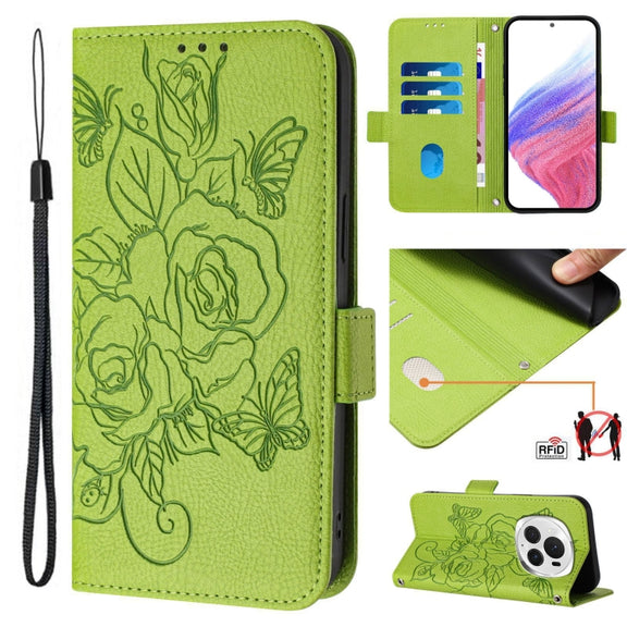 For Honor Magic6 Pro 5G Embossed Rose RFID Anti-theft Leather Phone Case(Green)