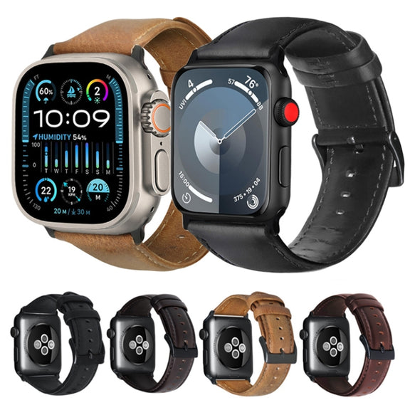 For Apple Watch Ultra 2 49mm Oil Wax Genuine Leather Watch Band(Black)