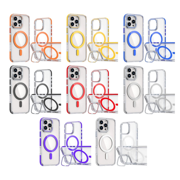 For iPhone 16 Pro Max Dual-Color Clear Acrylic Hybrid TPU Lens Flip Holder MagSafe Phone Case(Orange)