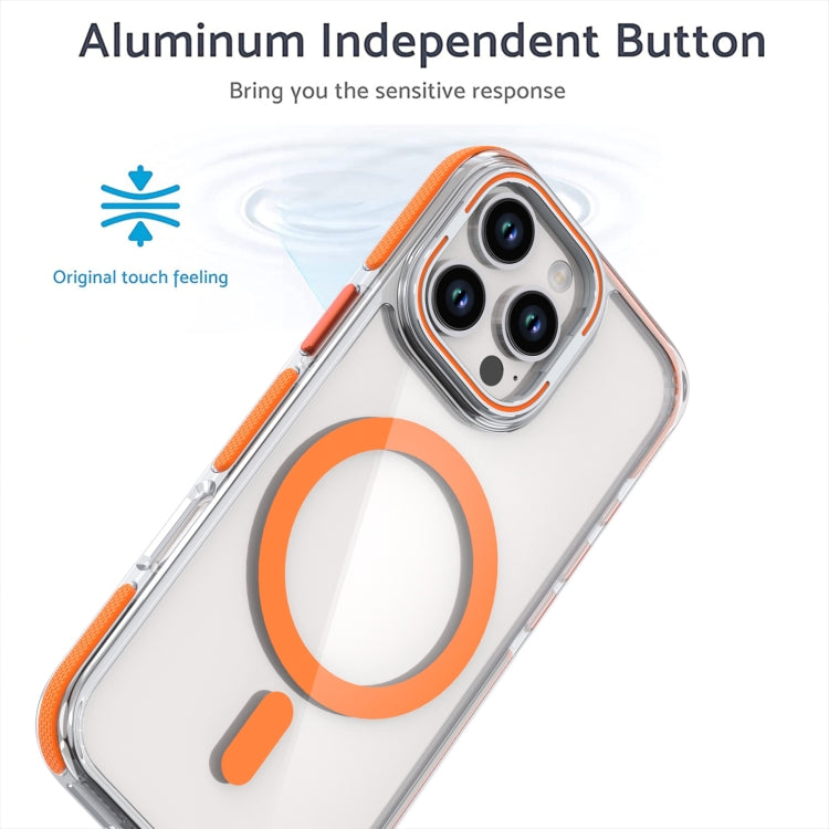 For iPhone 16 Pro Max Dual-Color Clear Acrylic Hybrid TPU Lens Flip Holder MagSafe Phone Case(Orange)