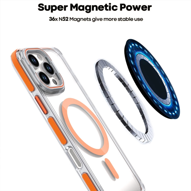 For iPhone 16 Pro Max Dual-Color Clear Acrylic Hybrid TPU Lens Flip Holder MagSafe Phone Case(Orange)