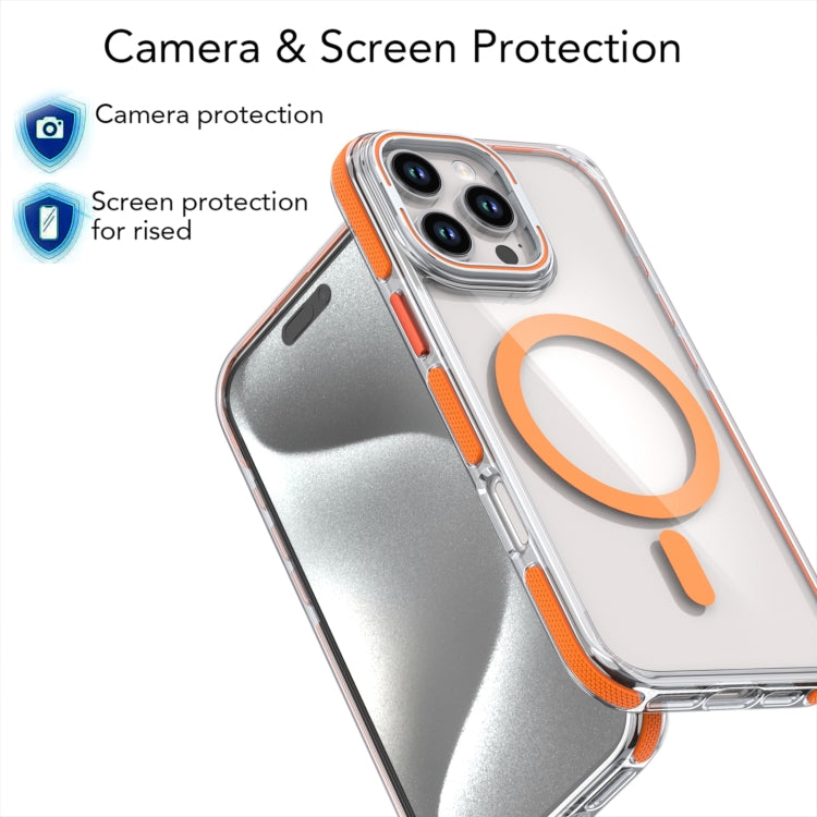 For iPhone 16 Plus Dual-Color Clear Acrylic Hybrid TPU Lens Flip Holder MagSafe Phone Case(Blue)